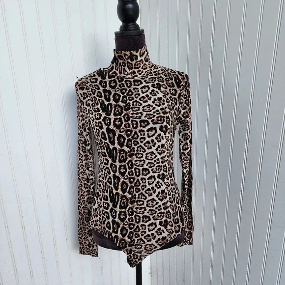 Ember Brown Black Mesh Long Sleeve Leopard Print Bodysuit Women's Stretch Sz S - Picture 1 of 14